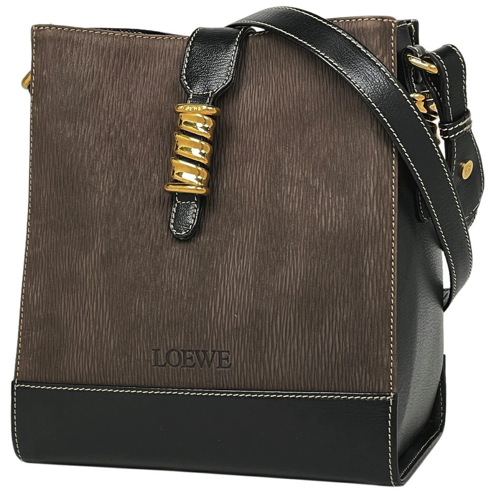 Loewe Velzquez Shoulder Bag Logo Leather Brown Black